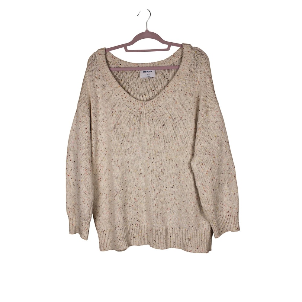 Old Navy Cream Confetti Cabincore Gorpcore V-Neck Pullover Chunky Sweater Size L